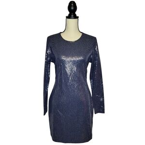 H&M Divided blue silver shimmer bodycon open back long sleeve mini dress sz L